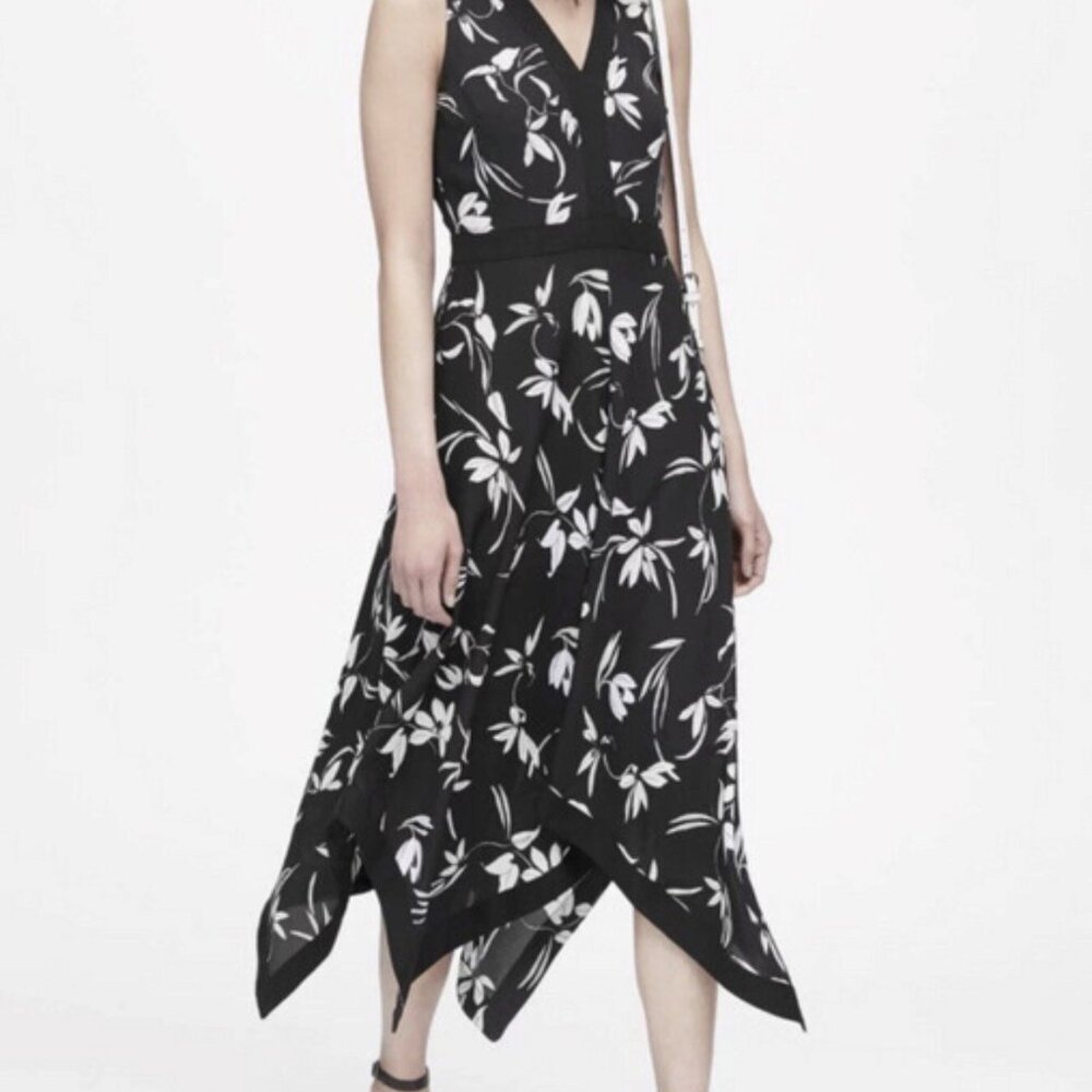 Banana Republic Floral Handkerchief Hem Dress Black White Sleeveless Size 6